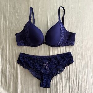 Navy Blue Floral Lace Push Up Bra 32C & Matching Cheeky Panties XS Daisy Set